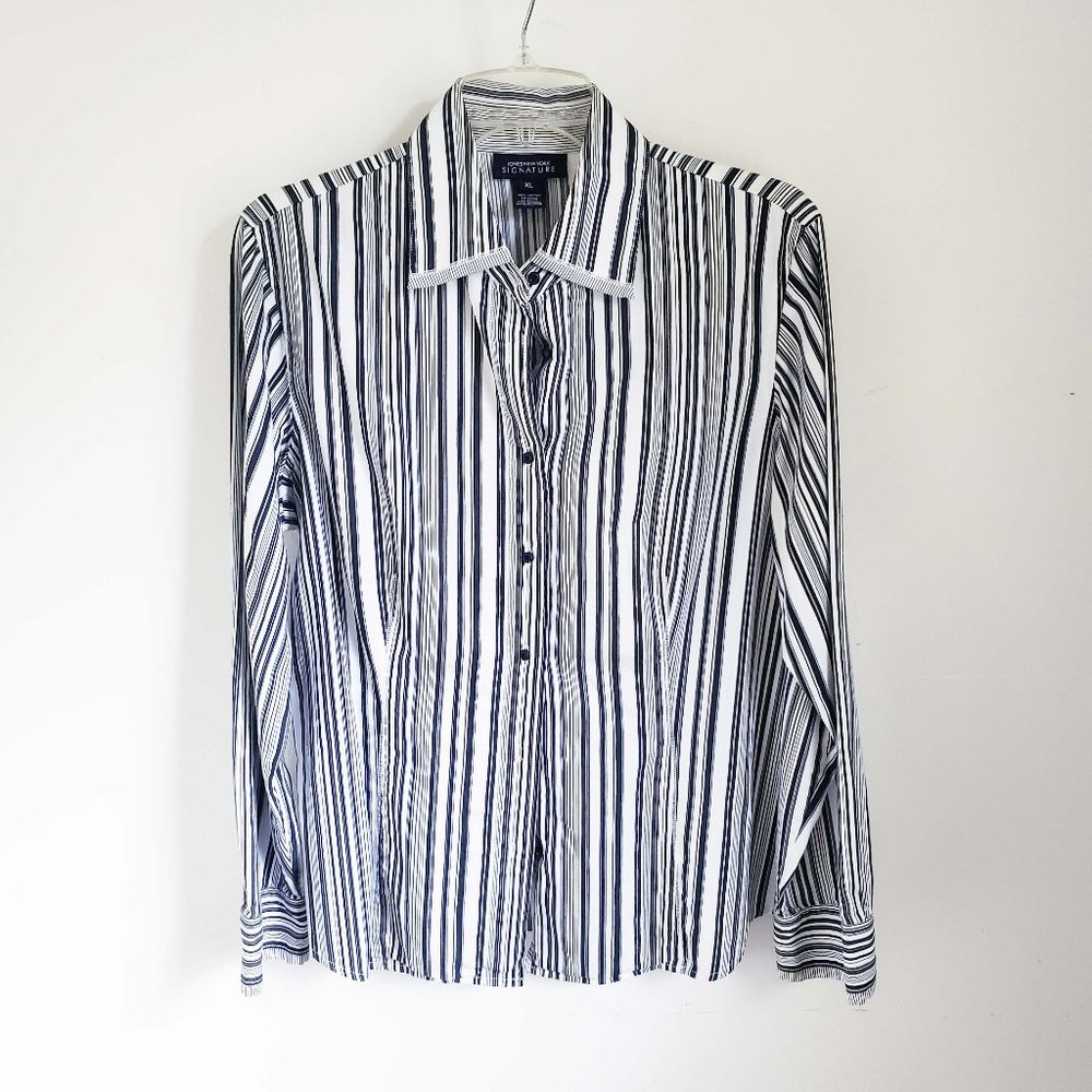 Jones New York Signature Women's Black Pin Button Down Shirt Top Blouse